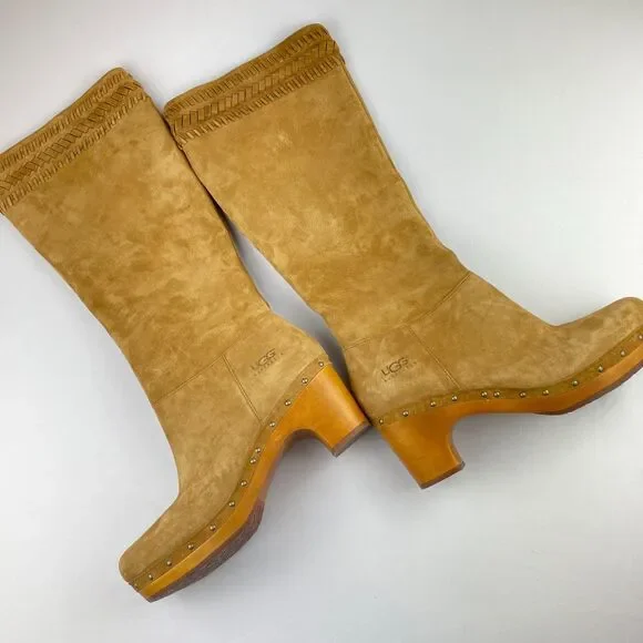 ~ UGG 10 Suede Clog Boots Tan Zip Camel Brown Women Tall Wood Heel Boho HTF Rare - Picture 2 of 14